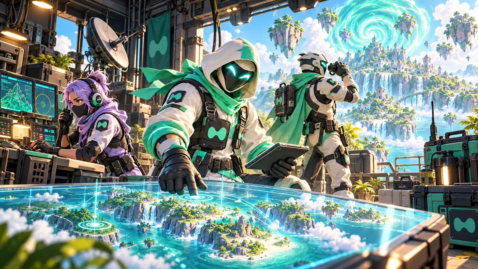 The mint ranger squad tracking island signals together in their reconnaissance headquarters